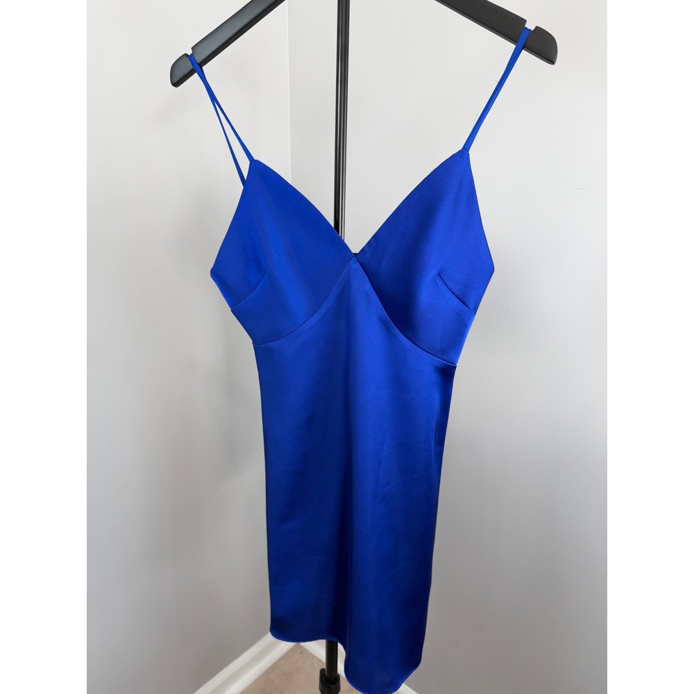 Alice and Olivia Dress Womens Blue Satin Slip Mini V-Neck Zip Back New W/O Tags